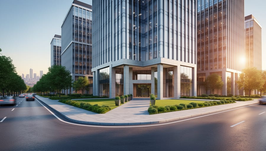 Contemporary glass office buildings in Bryanston, Johannesburg, photographed from a slightly low street-level three-quarter angle at golden hour, with landscaped entrance, tree-lined road, subtle motion blur of cars, and a distant skyline; modern and professional, no visible logos or text.