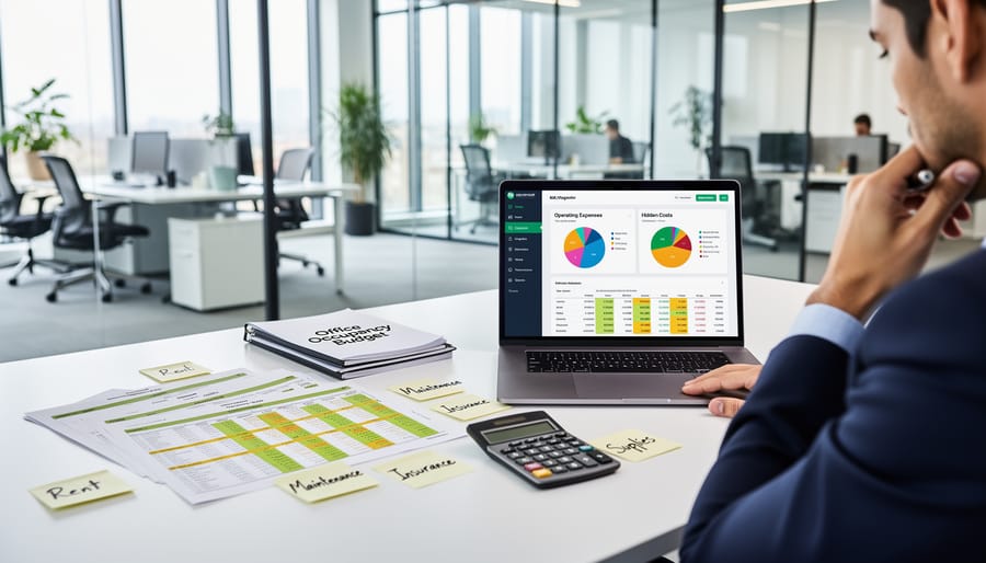 Business person calculating office rental costs and expenses with documents and calculator