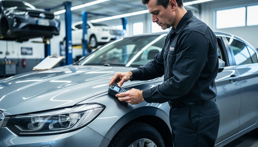 Independent appraiser measuring the front fender of a silver sedan with a paint thickness gauge in a body shop, with lifts and tools softly blurred behind.