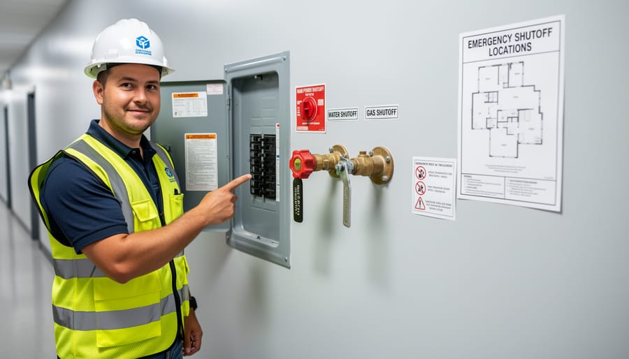 Person using flashlight to inspect home electrical breaker panel during power outage