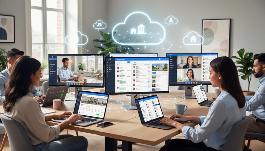 Real estate professionals working on digital devices in modern cloud-connected office environment