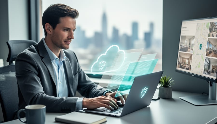 Remote real estate agent typing on a laptop in a sleek home office, with floating cloud and lock icons symbolizing secure, cloud-based insurance and compliance tools; blurred city skyline and a secondary monitor with indistinct property images in the background.