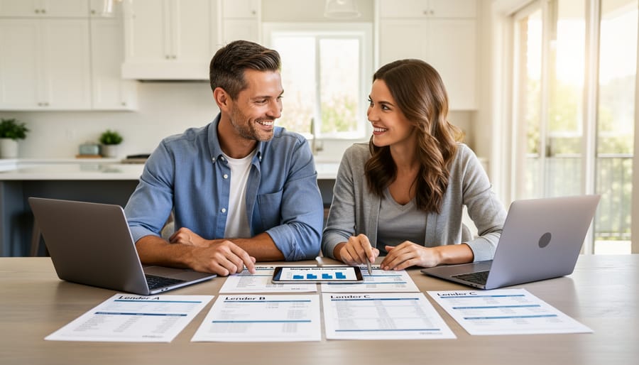 Overhead view of hands using calculator while comparing mortgage rate quotes from multiple lenders