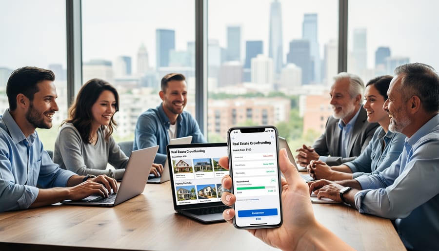 Overhead view of multiple hands holding smartphones displaying real estate investment apps