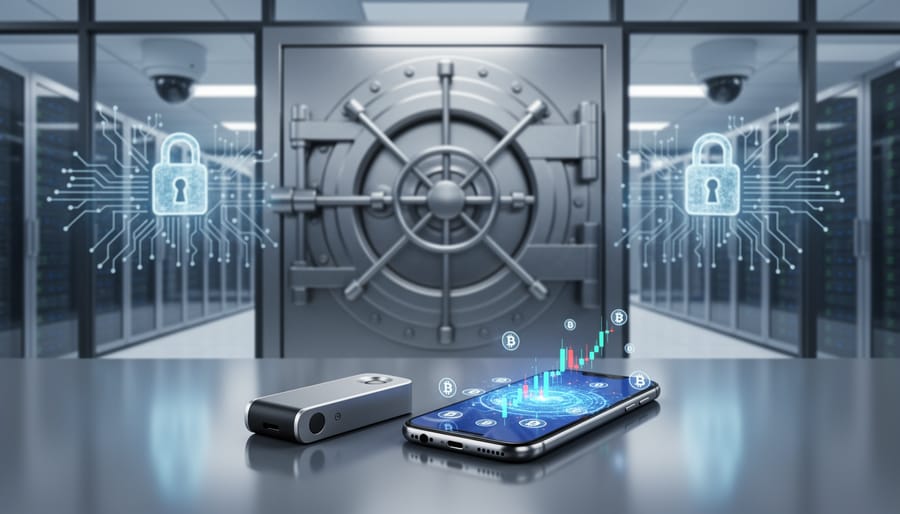 Security concept showing digital device with property keys and documents