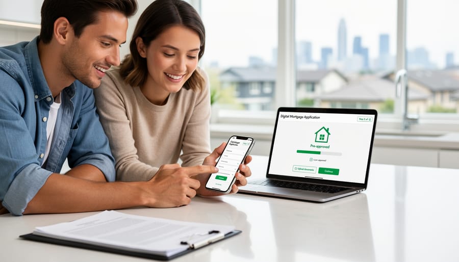 Smartphone with digital mortgage application alongside miniature house model and keys on modern desk