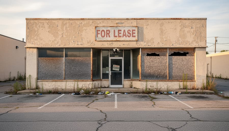 Abandoned commercial office building with deteriorating exterior and overgrown landscaping