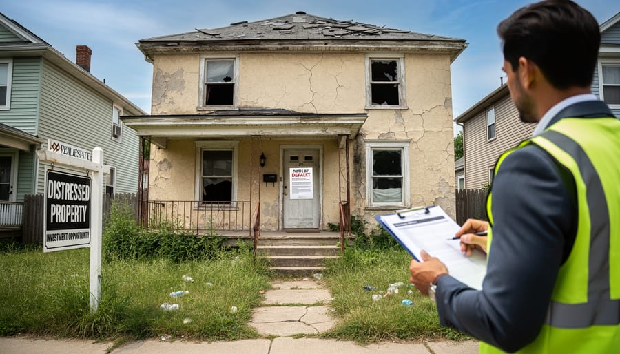 Exterior of neglected commercial property showing physical deterioration and abandonment
