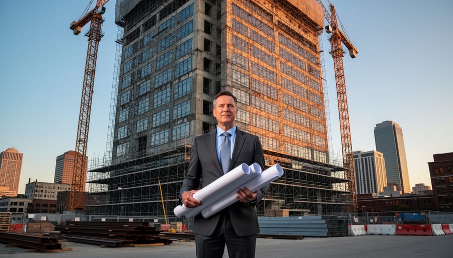 Institutional real estate investor in a dark suit holding rolled blueprints stands before a high-rise office building wrapped in scaffolding and cranes at golden hour, symbolizing the turnaround of distressed property into a profitable asset, with a city skyline and construction materials in the background.