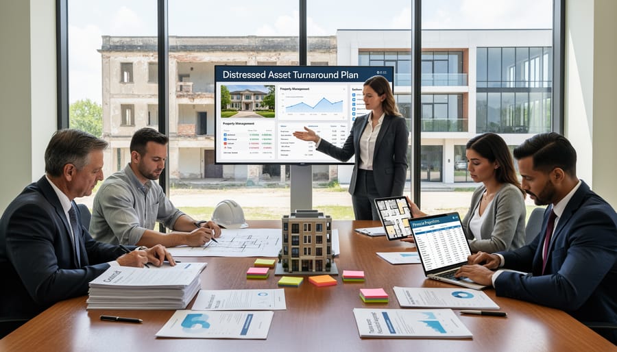 Professional team including contractors and business executives in commercial renovation space