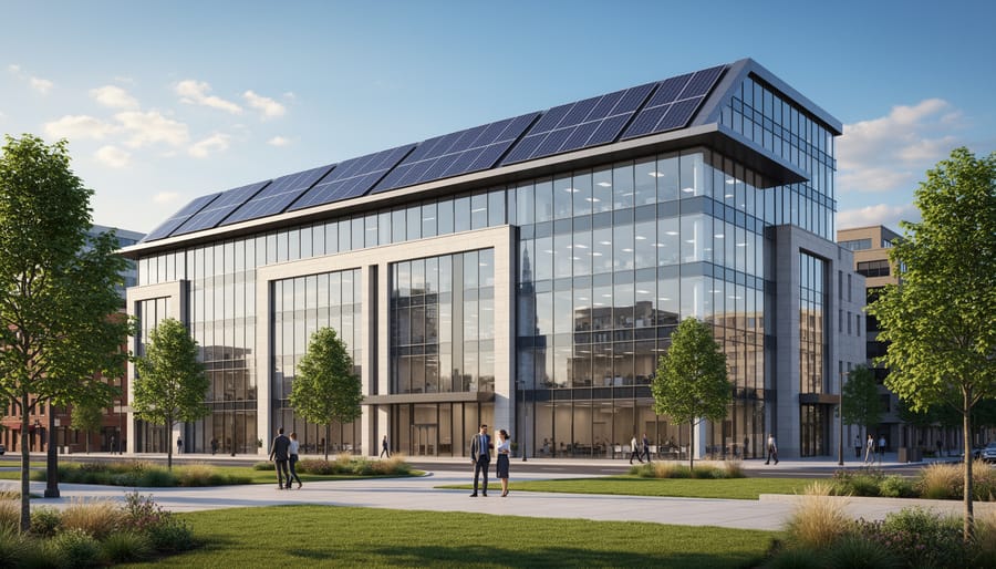Modern commercial building with integrated solar panels and energy-efficient glass facade