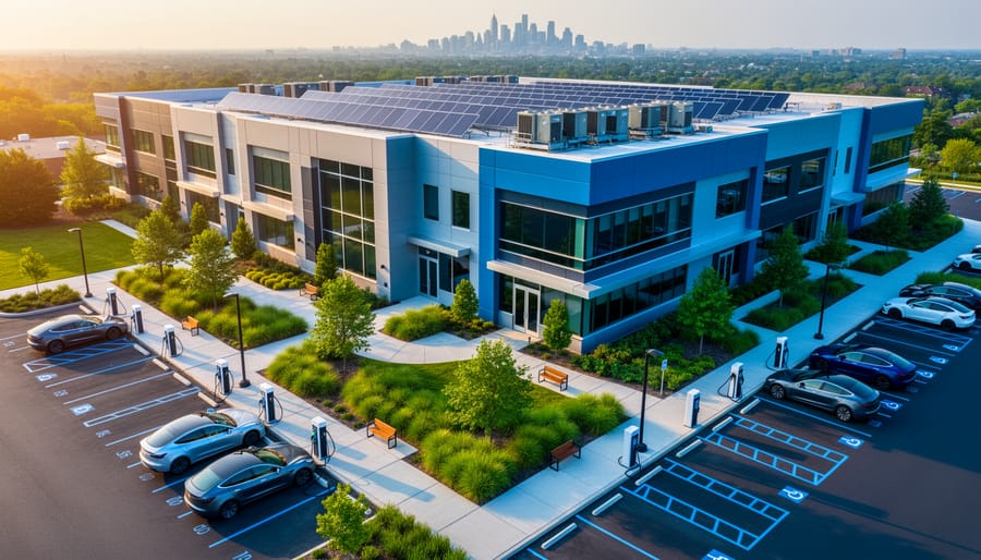 Aerial view of a modern commercial building with rooftop solar panels, efficient HVAC units, EV charging stations, and landscaped green spaces, with a soft city skyline in the background at golden hour.