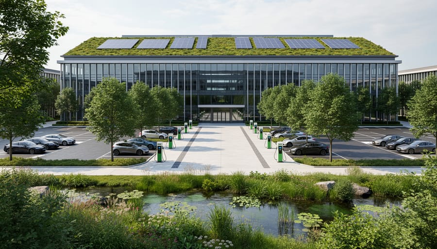 Sustainable commercial building with solar panels and vertical gardens on facade