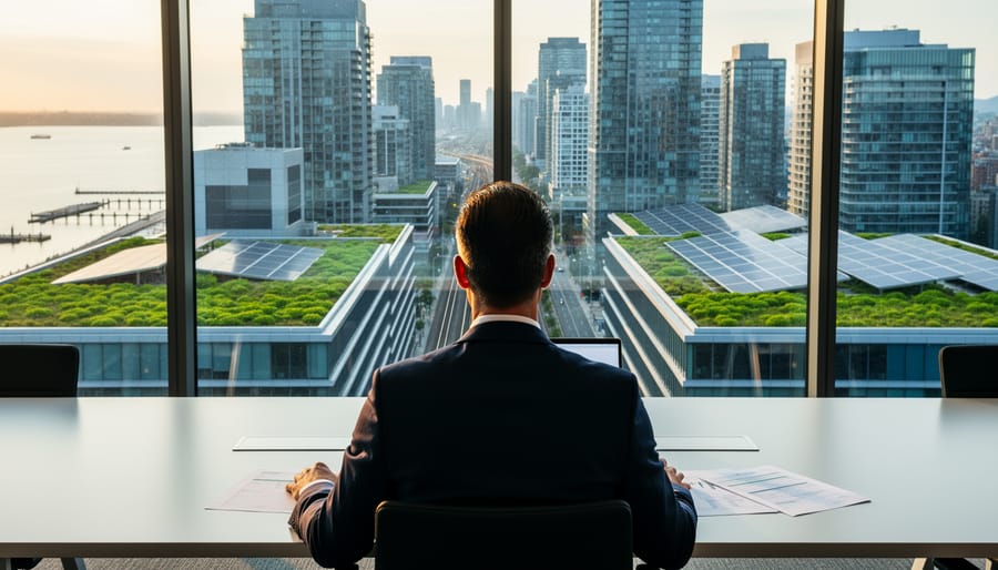 Over-the-shoulder view of a business executive in a glass-walled boardroom looking out at a city skyline with energy-efficient buildings, rooftop solar panels, and green roofs in warm evening light.