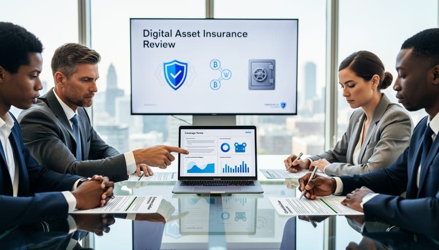 Business professionals reviewing insurance documentation and coverage options
