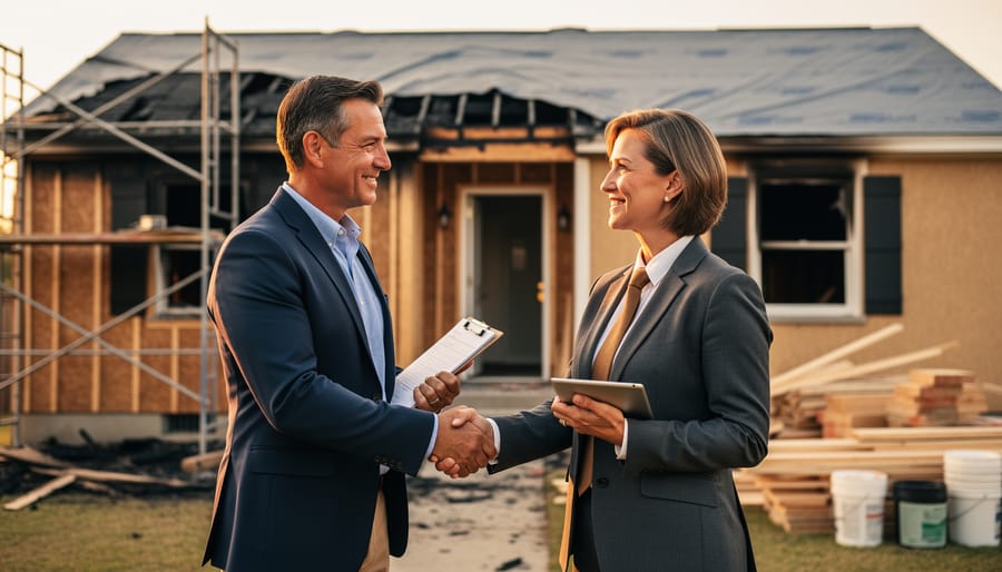 Real estate investor and banker shake hands in front of a partially fire-damaged house with scaffolding and a tarped roof at sunset, clipboard and tablet visible, symbolizing financing for renovations.