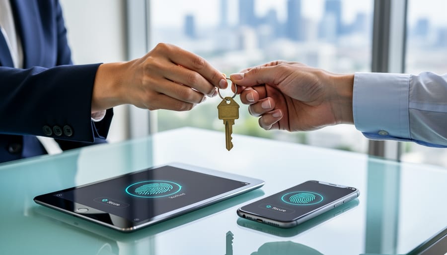 Close-up of an agent handing a house key to a buyer over a glass desk beside a tablet and smartphone with a glowing fingerprint confirmation icon, soft daylight, and a blurred office with city skyline in the background.