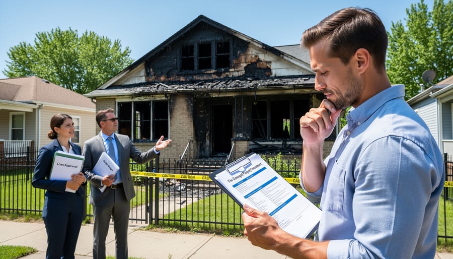 Residential house exterior showing fire damage with charred siding and smoke stains