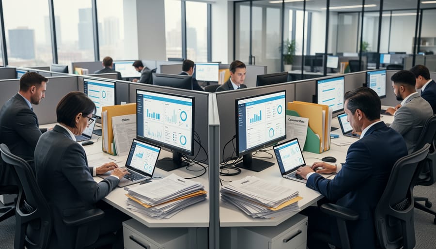 Insurance office workspace showing scattered documents, computer screens, and filing systems representing fragmented data sources