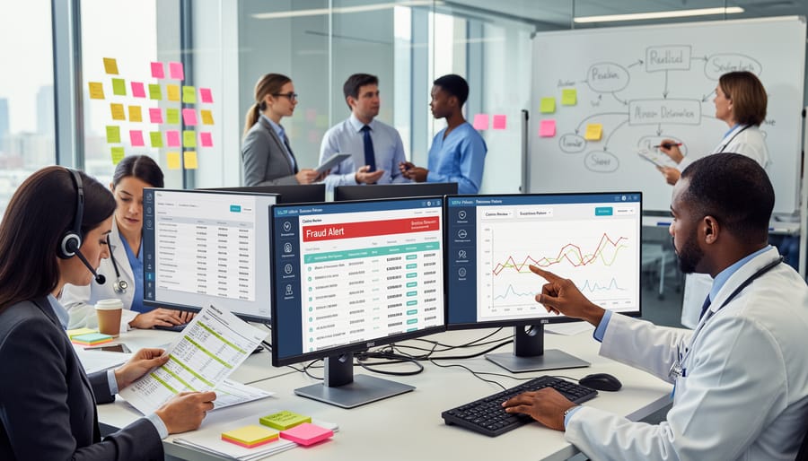 Insurance fraud investigator analyzing medical billing data on computer screens