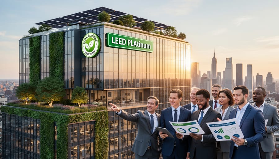 Green building certification plaques displayed at commercial property entrance