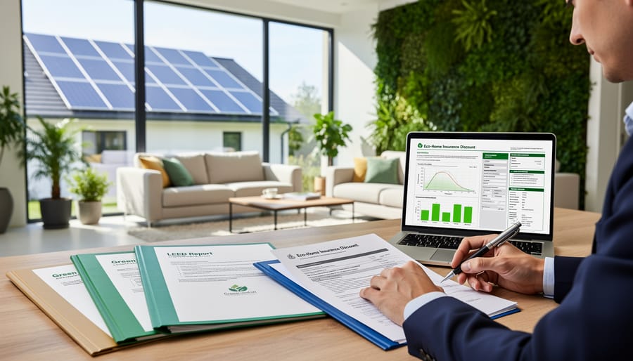 Homeowner reviewing green home certification documents and insurance paperwork