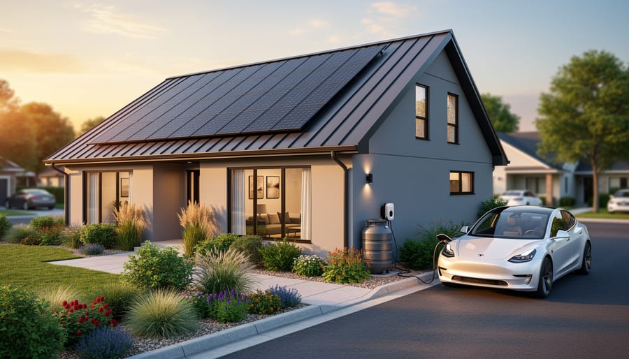 Modern eco-friendly house with rooftop solar panels, standing-seam metal roof, energy-efficient windows, and an electric vehicle charging in the driveway, photographed at golden hour with native landscaping and a rain barrel visible.