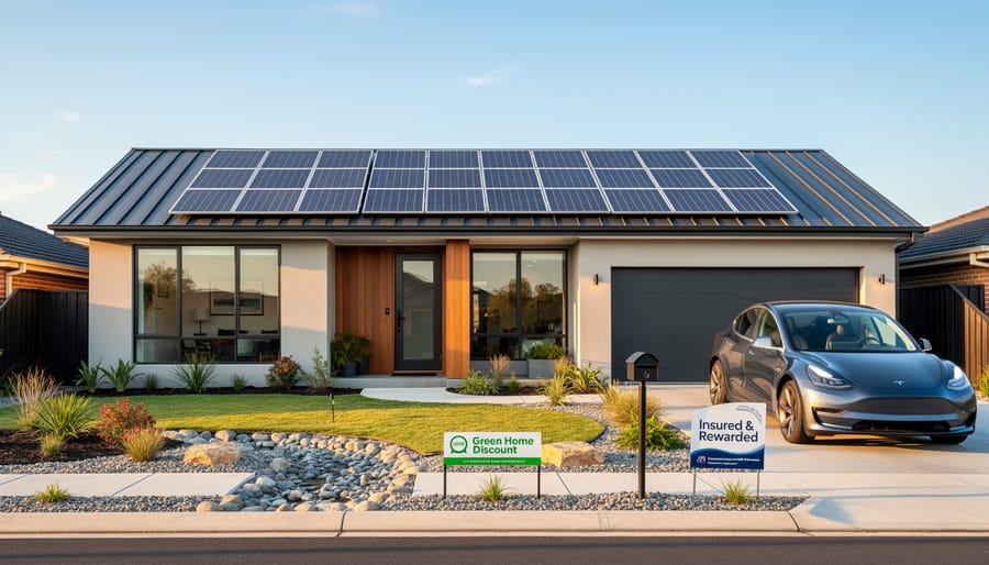 Modern eco-friendly home with solar panels and sustainable landscaping features