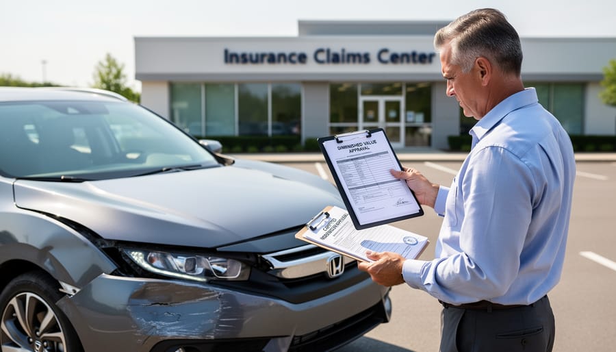 Professional vehicle appraiser inspecting car exterior with clipboard and tools