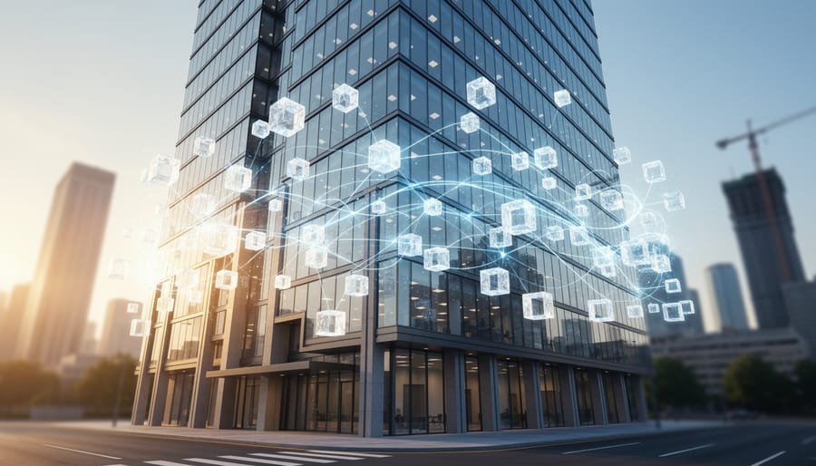 Modern glass office tower at sunset with a subtle glowing network of interconnected digital blocks surrounding it, symbolizing blockchain infrastructure for tokenized property; softly blurred city skyline and construction cranes in the background.