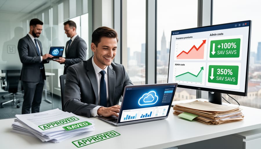 Real estate professional reviewing cost-saving documents at modern workspace