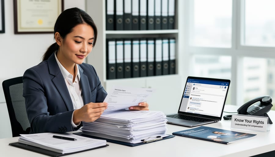 Business handshake between insurance professional and claimant over desk with documents