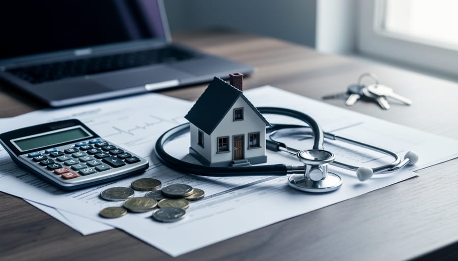 Miniature house wrapped with a stethoscope on a wooden desk with a calculator, coins, and blurred medical paperwork, softly lit to convey the financial impact of medical billing fraud on property insurance.
