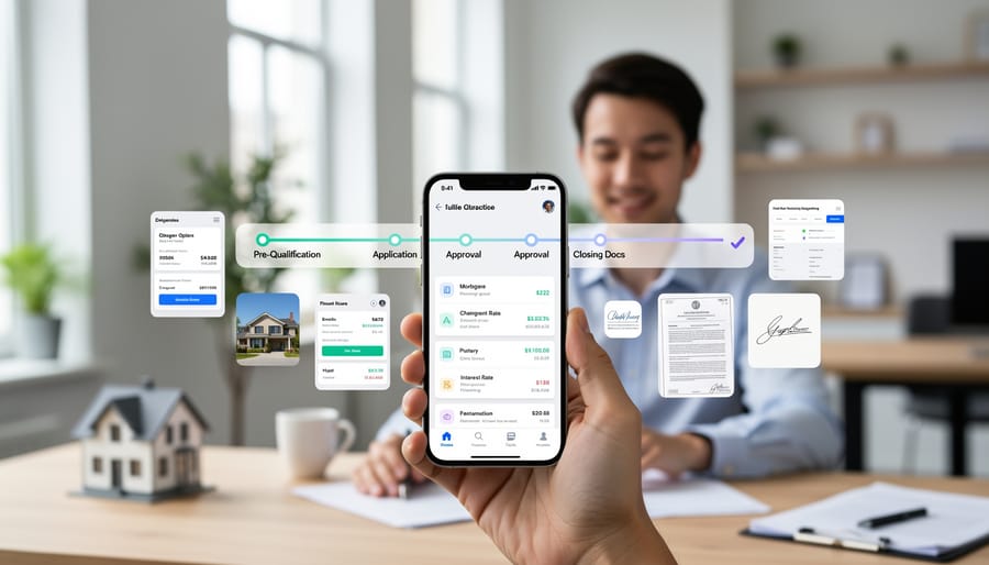 Professional woman using mobile banking app in modern apartment with city view
