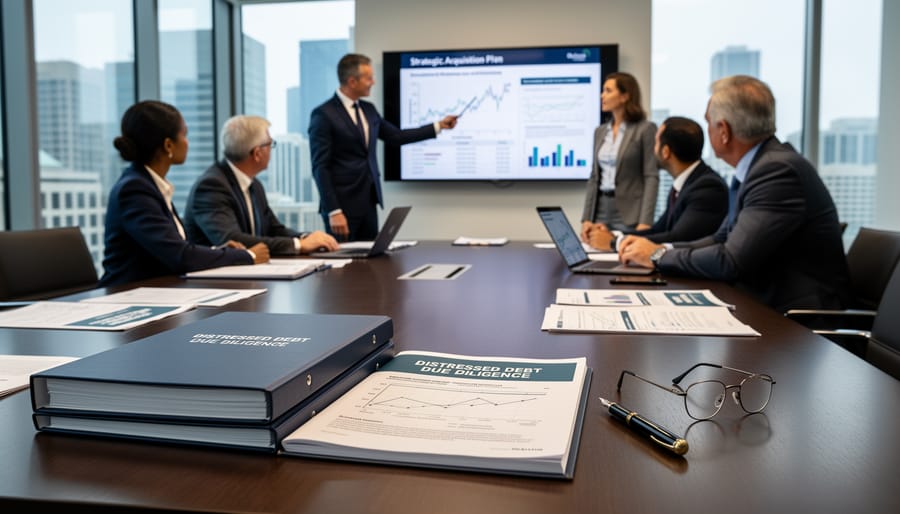 Business professionals reviewing property blueprints at conference table with city skyline background
