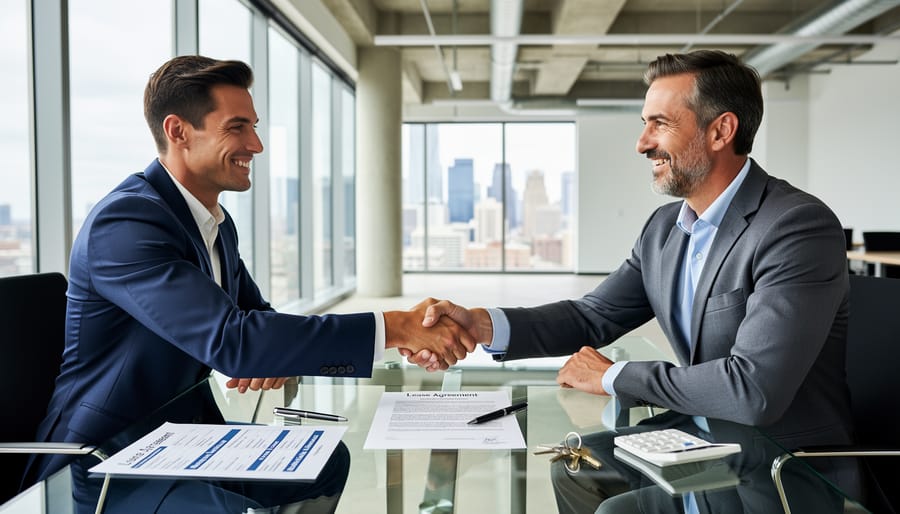 Business professionals shaking hands over signed office lease agreement