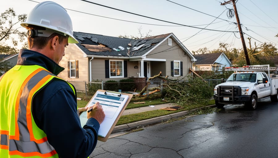 Homeowner conducting property damage assessment after power restoration with clipboard