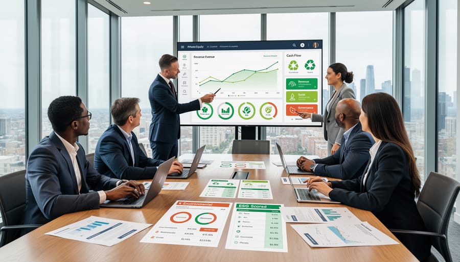 Business team conducting property due diligence review with documents and technology