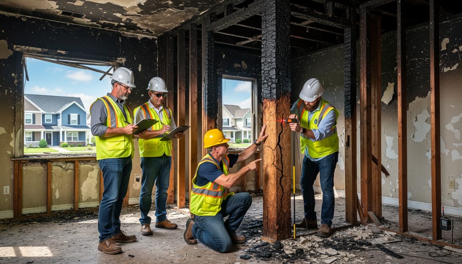 Home inspector examining fire-damaged interior wall structure with exposed framing