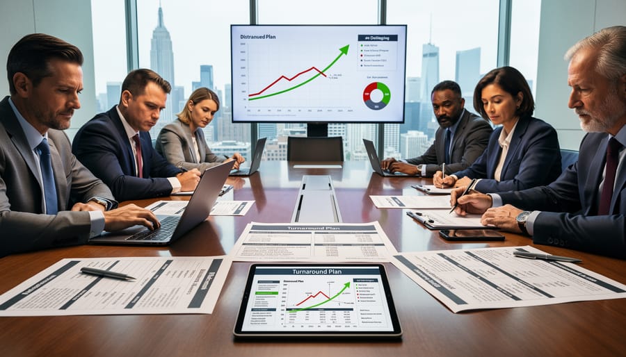 Business professional reviewing financial documents and property blueprints during assessment