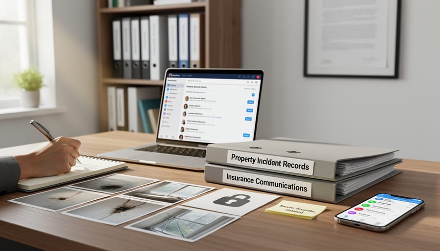 Property owner organizing insurance and maintenance documentation in file folders