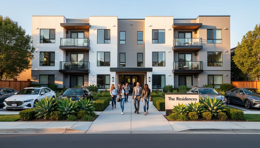 Construction workers renovating commercial building exterior with modern materials