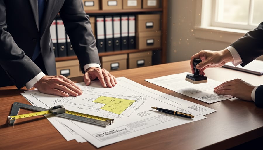 Hands holding rolled property survey document over desk with computer and glasses