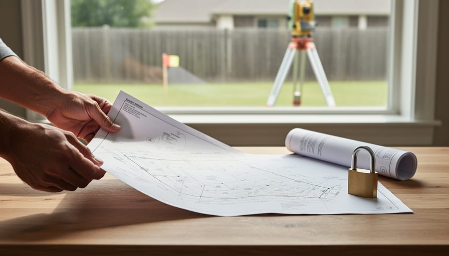 Hands holding a partially unrolled boundary survey on a wooden table next to a brass padlock, with a surveyor’s tripod and boundary stake visible outside near a fenced suburban yard.