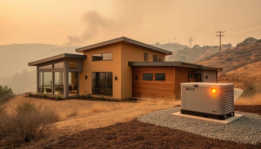 Standby generator running beside a modern California hillside home during a power outage, with smoky golden-hour sky, cleared defensible space, dry grasses, and distant power lines.