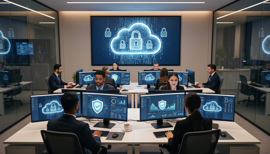 Smartphone showing security lock icon with real estate data screens in background