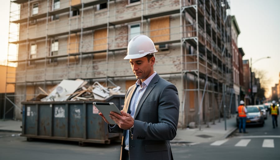 Real estate asset manager in a hard hat holding a tablet in front of a mid-rise apartment building with scaffolding and a construction dumpster at golden hour, with workers and a city street softly blurred in the background.