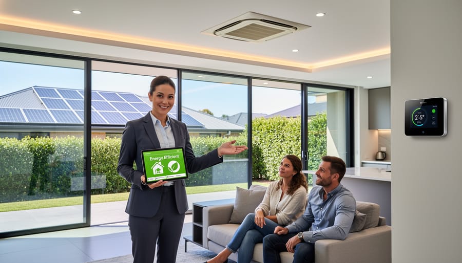 Real estate professional consulting with clients about energy-efficient property features