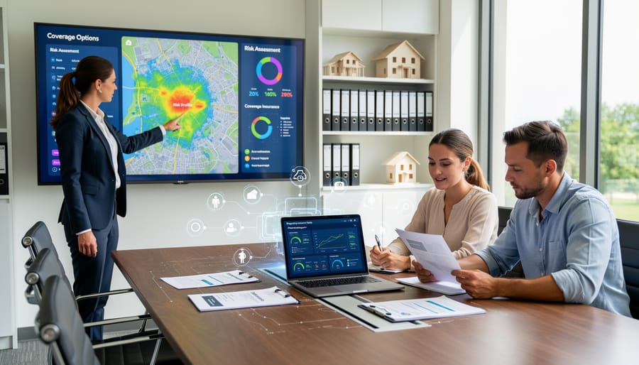 Real estate agent consulting with clients about property insurance options at office desk