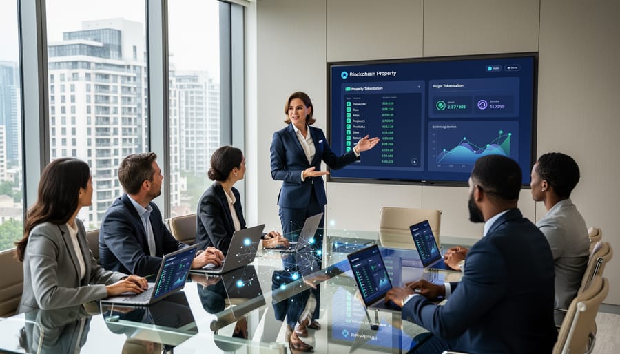 Real estate professional and client shaking hands with property documents and keys on desk